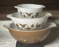 Vintage 60’s Era Pyrex Glass Early American Cinderella Mixing Bowls, Set Of 3