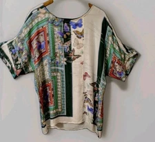 Citron Silk Tunic Top Floaty Butterfly Patchwork One Size Short Kimono Sleeves