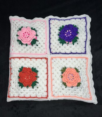 Vintage Handmade Floral Afghan Throw/Blanket, 46 x46 , white  &  multicolored. 