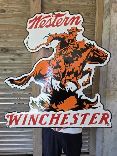HUGE VINTAGE WESTERN WINCHESTER PORCELAIN SIGN APPX 28" x 26""