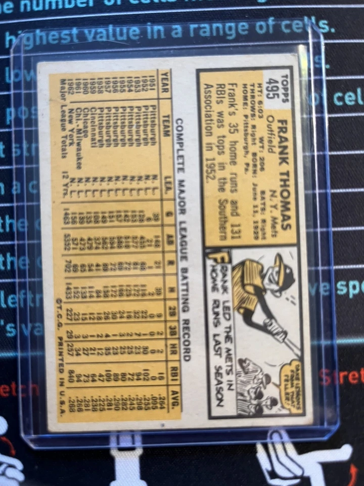 1963 Topps Baseball Frank Thomas #495 - New York Mets EX ou melhor  - Imagem 2 de 2