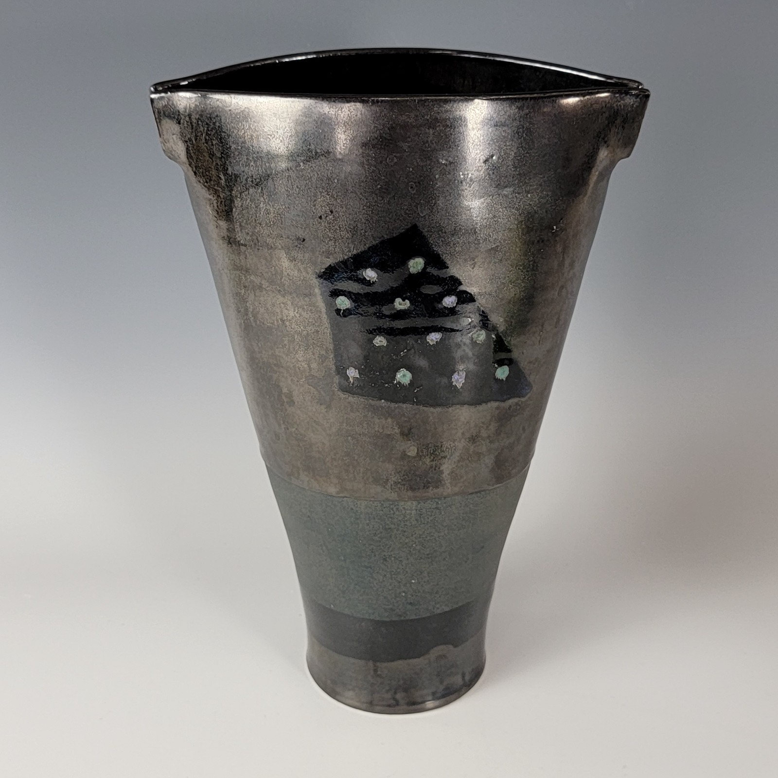 1980's Postmodern Studio Pottery Vase Iridescent Black Glaze Signed Memphis 11"