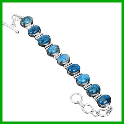 Halloween Deal 925 Silver Oval Neon Apatite Stone Bezel Chain Bracelet Jewelry
