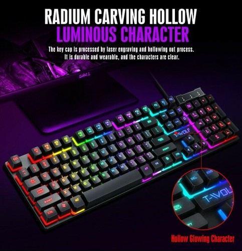 Rainbow LED Gaming Keyboard and Mouse Set Mechanical Feel LED Light Backlit USA - Picture 3 of 12
