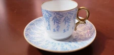 T & V Tressemann Vogt Limoges France Blue White Gold Demitasse Teacup & Saucer