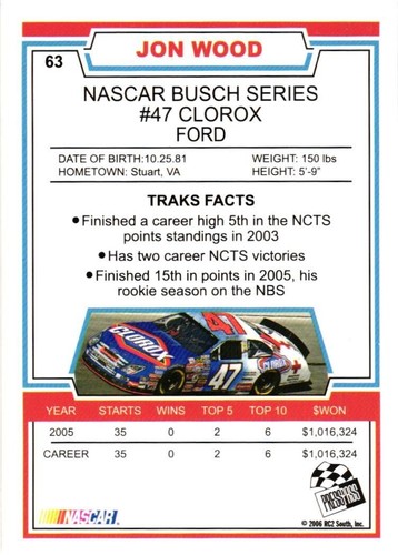 Jon Wood 2006 Press Pass Traks/63 1 - Picture 2 of 2