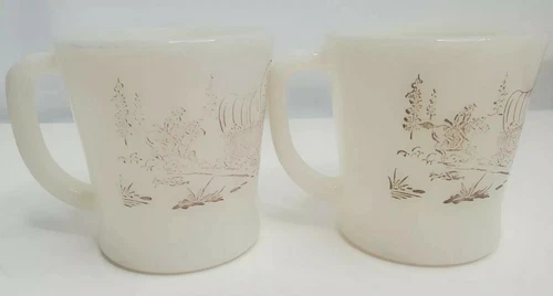 Vtg Fire King Milk Glass DAVY CROCKETT Coffee Mug Red White Lot of 2
