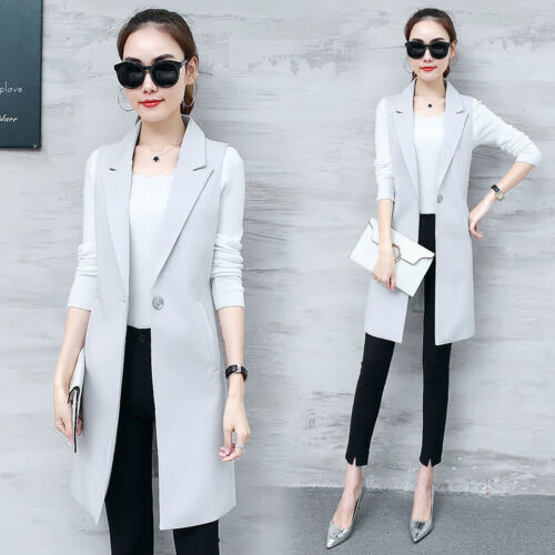 Women Sleeveless Lapel Coat Long Cardigan Jacket Suit Elegant Waistcoat Vest NEW - Picture 1 of 14