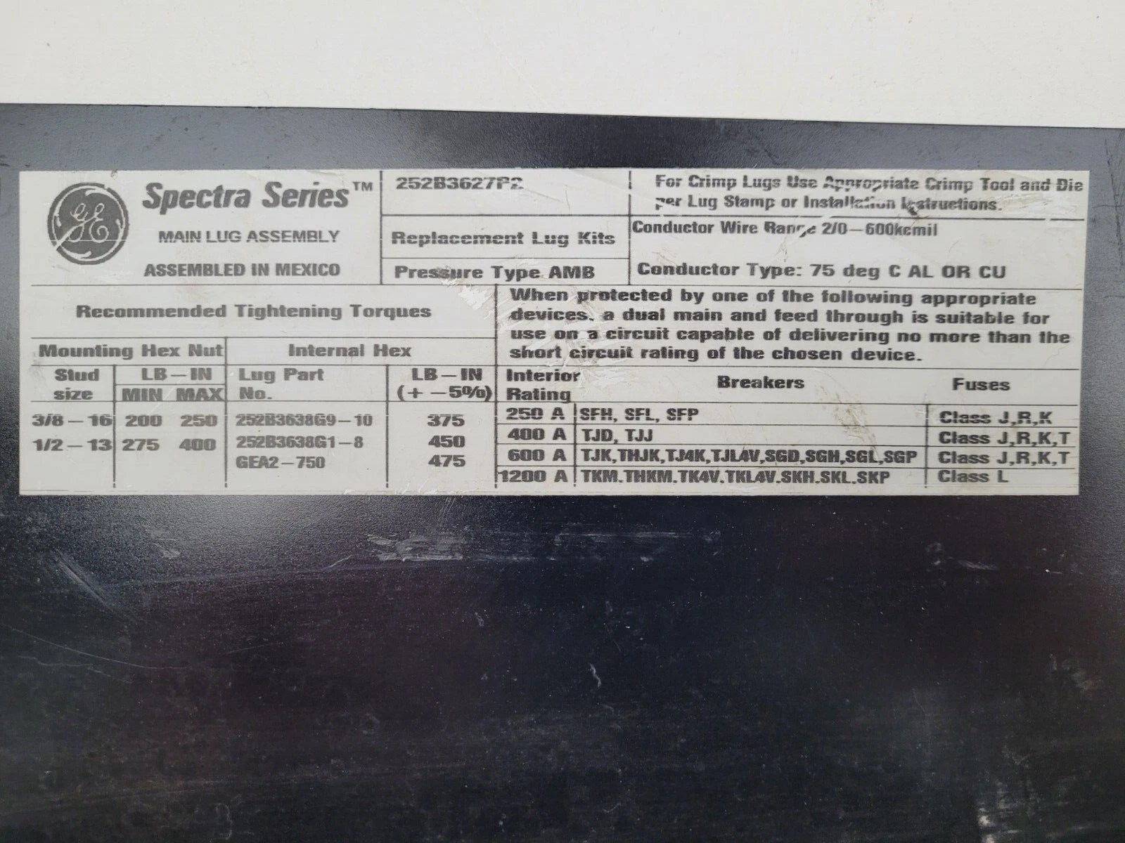 252B3627P2 GE Spectra Series Main Lug Kit 252B3638G1 *NEXT DAY OPTION* image 8