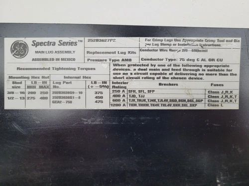 252B3627P2 GE Spectra Series Main Lug Kit 252B3638G1 *NEXT DAY OPTION* image 8