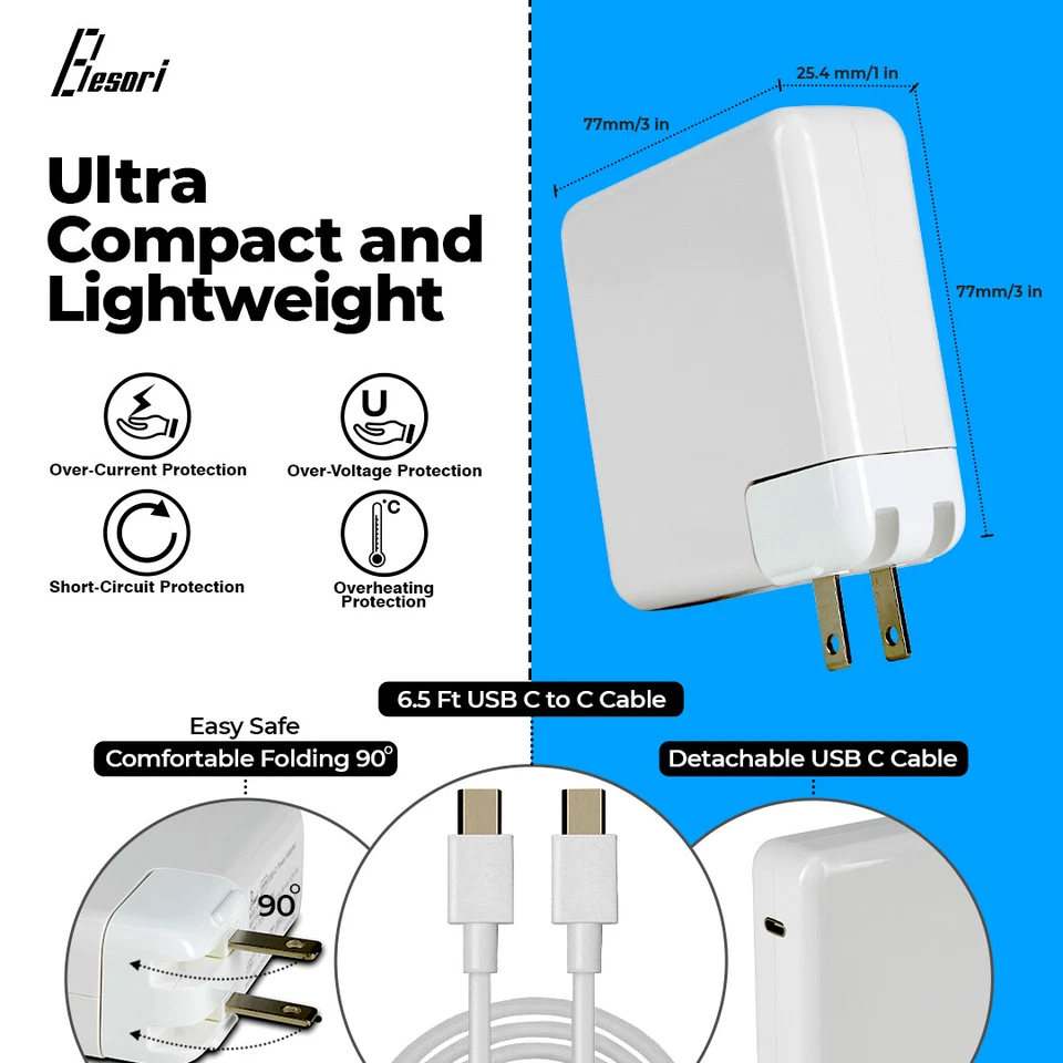 Adaptador Cargador de Alimentación USB Besori 96W Tipo C Cable USB-C de 6 pies Macbook Pro/Air Dell Foto 2 de 4