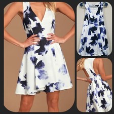 LULUS Seeing Chic Blue and Ivory Print Skater Dress**Stylish**Size SMALL**NWOT**
