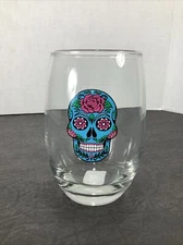 Day of the Dead / El Dia De Los Muertos Sugar Skull Glass~ Teal Blue