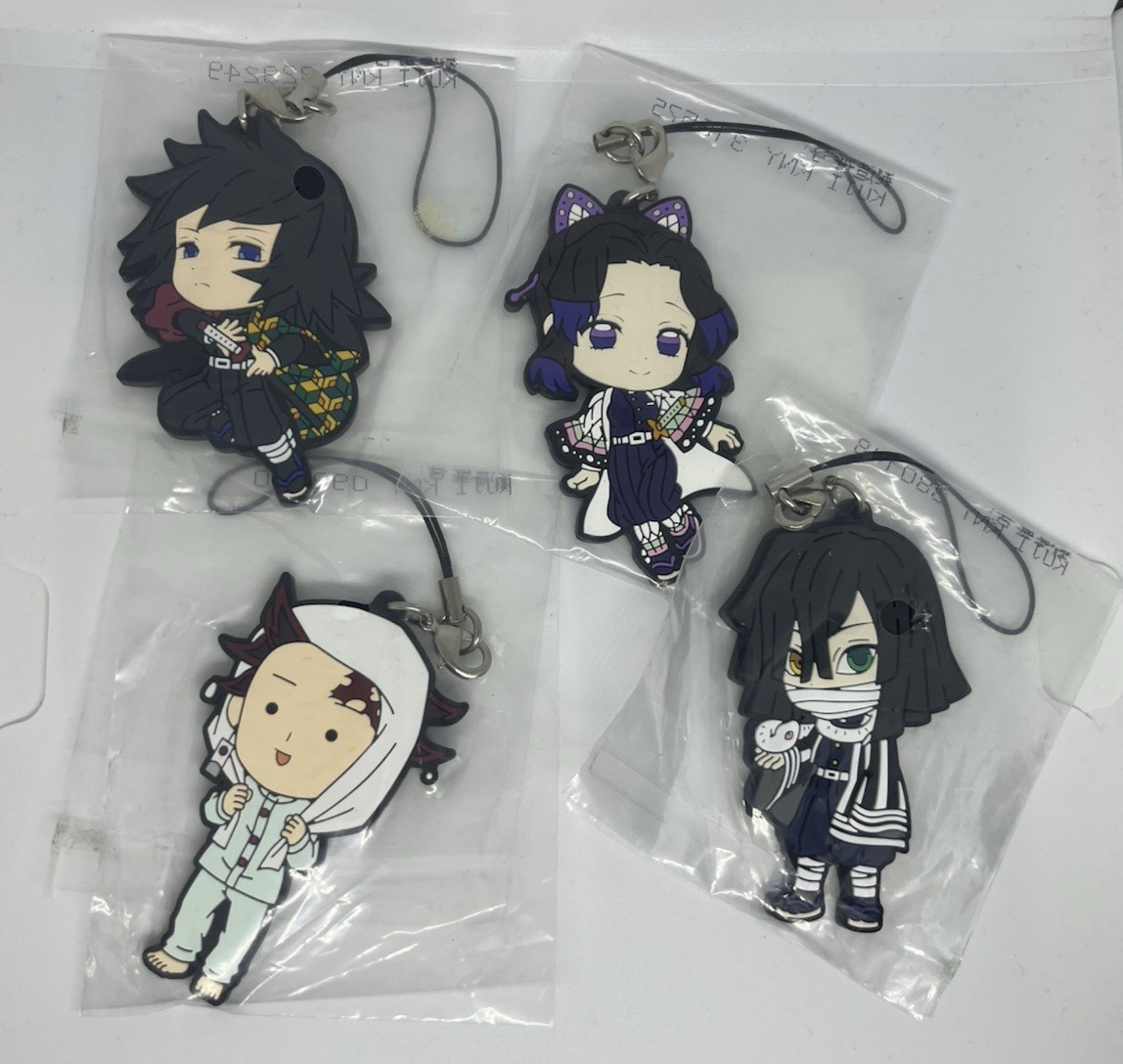 Lot of 4 Tanjiro&comma; Shinobu&comma; Giyu&comma; Obanai Demon Slayer Rubber Strap Keychain Charm