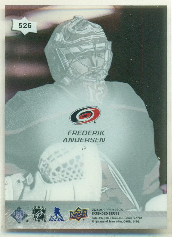 2023-24 UPPER DECK Extended Series Clear Cut #526 FREDERIK ANDERSEN Hurricanes - Image 2 of 2