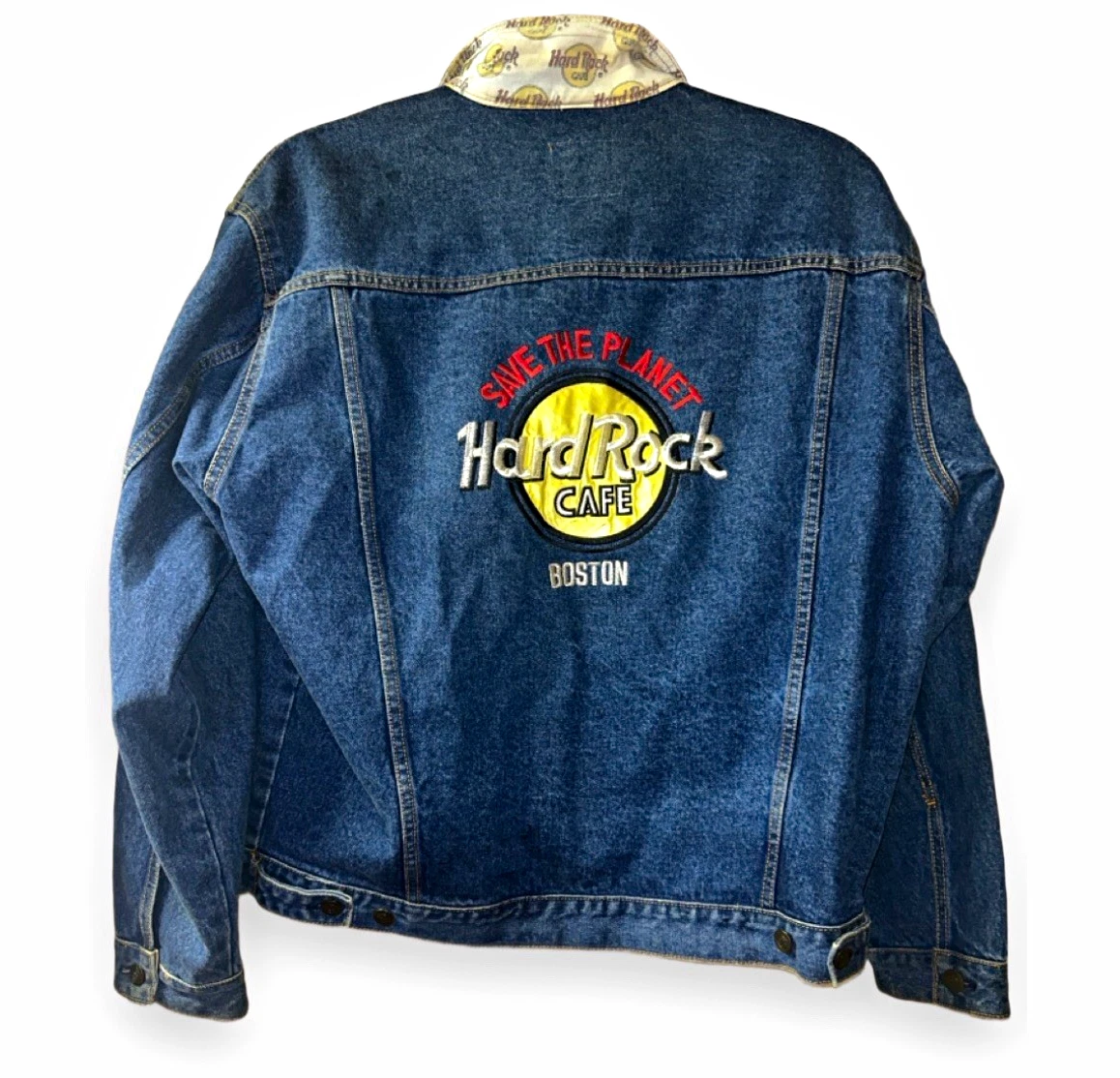 Hard Rock Cafe Boston Blue Denim Jacket Embroidered Logo Button Men's L image 1