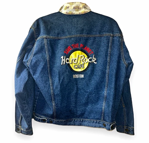 Hard Rock Cafe Boston Blue Denim Jacket Embroidered Logo Button Men's L video thumbnail