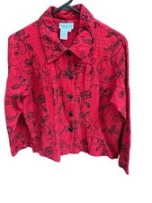 Coldwater Creek SILK BLEND Red Floral Embroidered Quilted Jacket Blouse Size M
