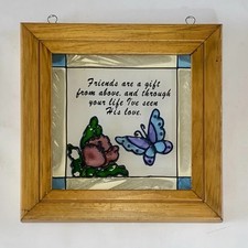 Vintage Friendship Butterfly Faux Stained Glass Wood Framed Suncatcher 8.5x9.5"
