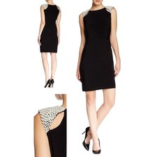 Adrianna Papell Sleeveless Side Drape Mini Dress Pearls Black Women's 14 NWT