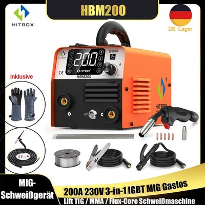 HITBOX IGBT Inverter 3in1 MIG-Schweißgerät 200A 220V Gaslos Schweißmaschine ARC