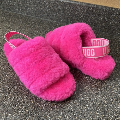 UGG Furry Sling Back Womens Sz 6 Outdoor Indoor Slipper Sandal Pink Faux Fur New - Picture 5 of 12
