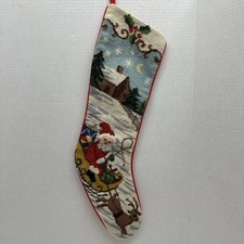 VTG Wool Christmas Stocking Santa Claus Sleigh Reindeer Needlepoint 22"