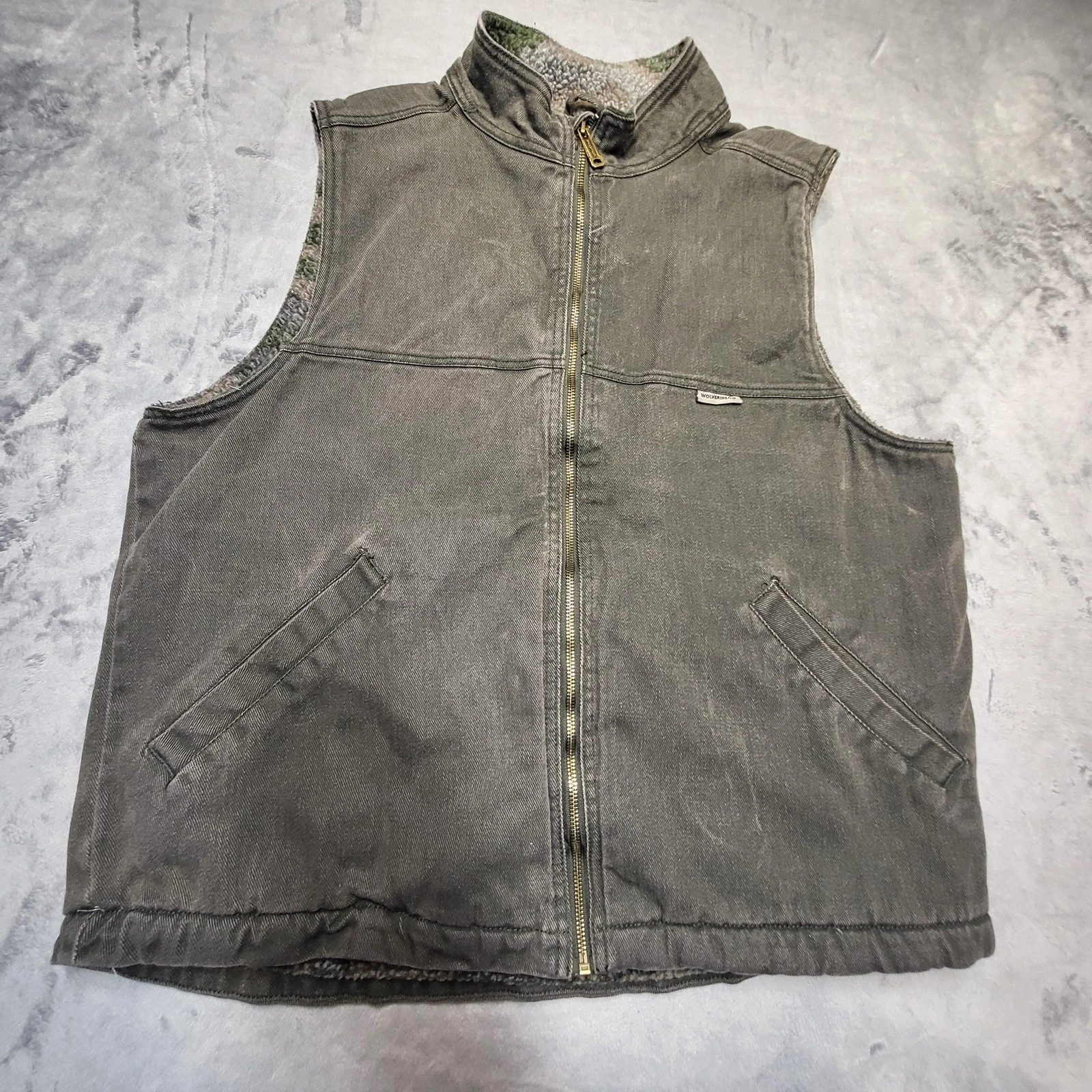 Wolverine Vest Mens Large Olive Canvas Sherpa Fleece Lined Zip Camo Workwear