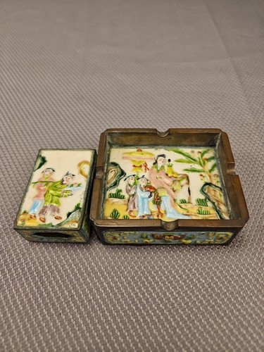Vintage chinesische Cloisonne Emaille & Bronze Streichholzschachtel Halter und Aschenbecher - Bild 6 von 7
