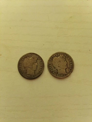 1912 and 1913 US Dimes Lot of 2 Silver Coins Good Condition