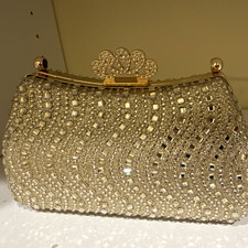 Gold Satin Beaded Evening Clutch Bag w/ Rhinestone Decorative Clasp