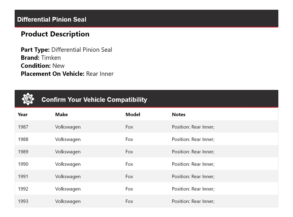Para Volkswagen Fox 1987-1993 Diferencial Piñón Sello Trasero Interior Timken 1988 Foto 2 de 4