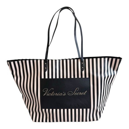 Weekend BAG VICTORIAS SECRET Tote Bag Pink Black Stripes Shopper Travel Bag - Imagen 2 de 8