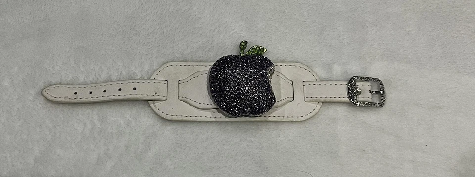 White Leather Wrist Band With Purple Chrystal rhinestone apple Gorgeous!! - Image 2 of 4