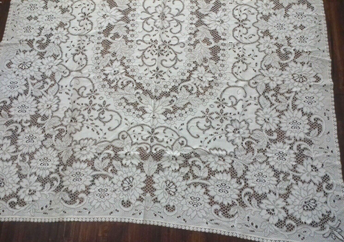VINTAGE BEIGE/CREME RECHTECKIGE SPITZE BLUMEN TISCHDECKE 67" x 116" - Bild 5 von 9