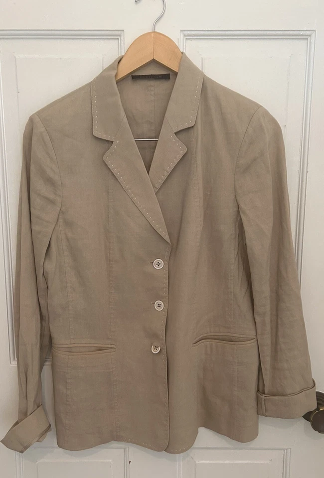Blazer de lino Elie Tahari, caqui, detalle de hilo en contraste, corto, ajustado, usado en excelente estado Foto 2 de 4
