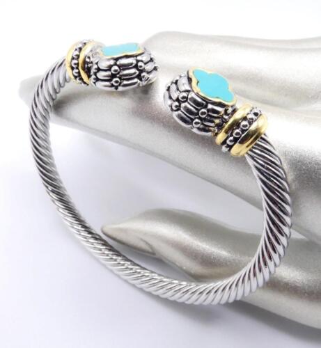 UNIQUE 18kt Gold Plated Cable Dots Texture Turquoise Clover Flower Cuff Bracelet - Picture 3 of 11