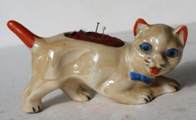 Cat Figurine Sewing Pin Cushion Lutreware Blue Eyes Ceramic Hand Painted Japan +