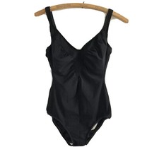 Vintage Robby Len Black Plunge Ruched One Piece Swim Suit Women's Size 12