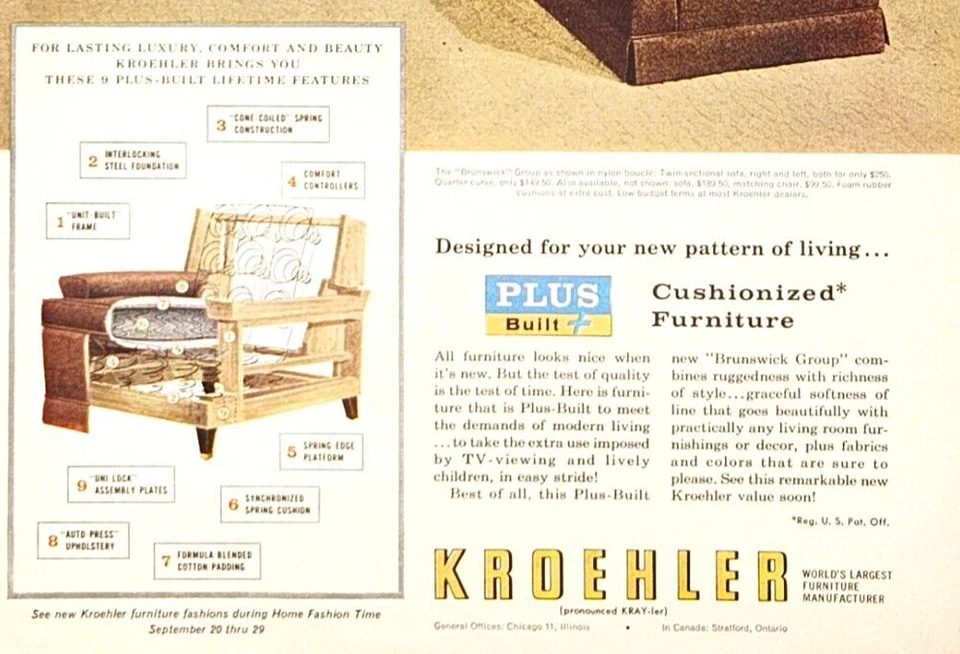 Kroehler furniture couch ad vintage 1956 original Brunswick sofa advertisement - Image 4 of 4