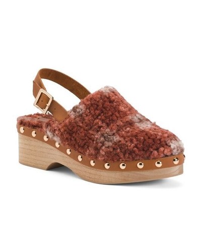 Kelsi Dagger Womens Rust Tan Sherpa Slingback Wooden Platform Clogs Sz 7 M New