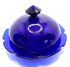 Depression Cobalt Blue Glass Lidded Butter Dish/Cheese Keeper