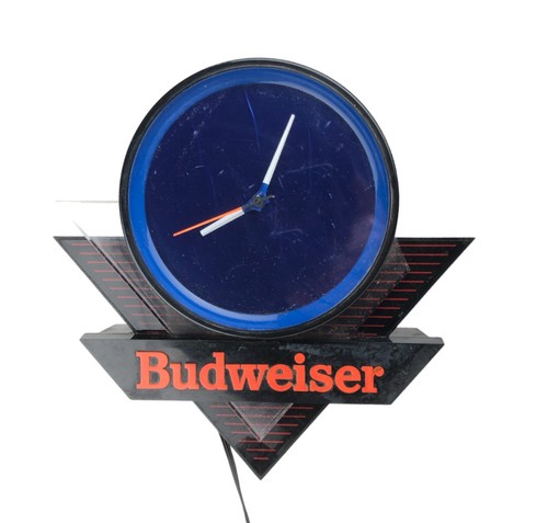 1991 Budweiser beleuchtetes Baruhr Schild rot blau schwarz funktioniert kleines Stück fehlt - Bild 2 von 9