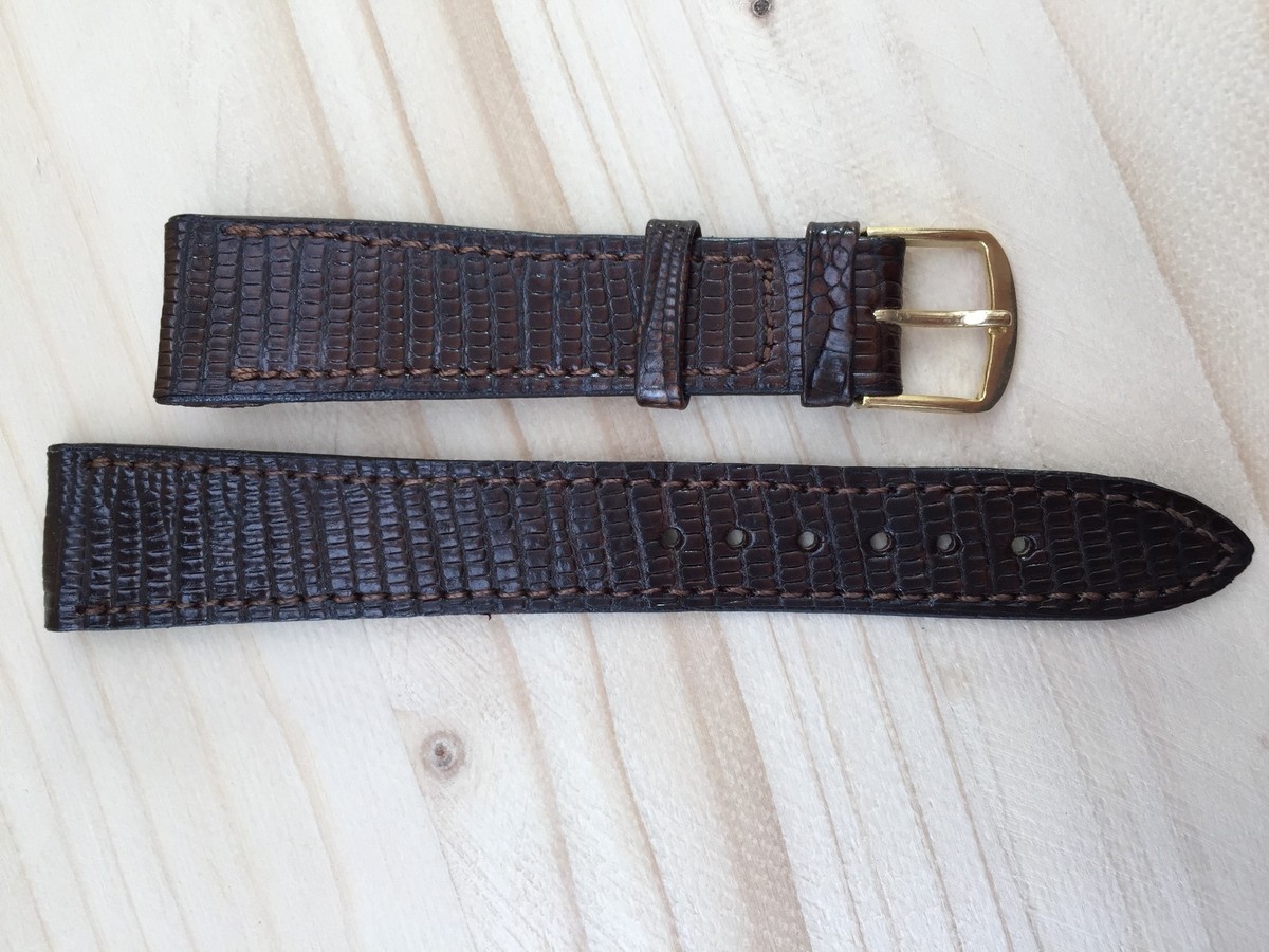 Bracelet Montre Vintage En Cuir Véritable Lagarto Marron - Largeurs 16mm/14mm - New Old Stock Des Années 60-70