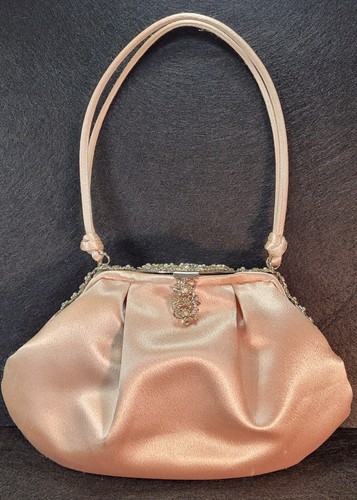 Olga Berg Satin & Filagree Silver Evening Clutch; Diamante, Faux Pearl, Champagn - Picture 2 of 8