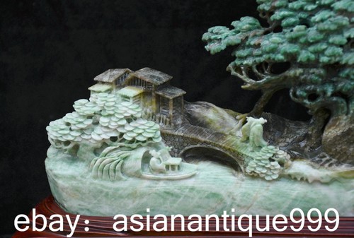 12.2" China Natürliche Dushan Jade Schnitzen Berge Landschaft Brücke Baum Statue - Bild 5 von 14