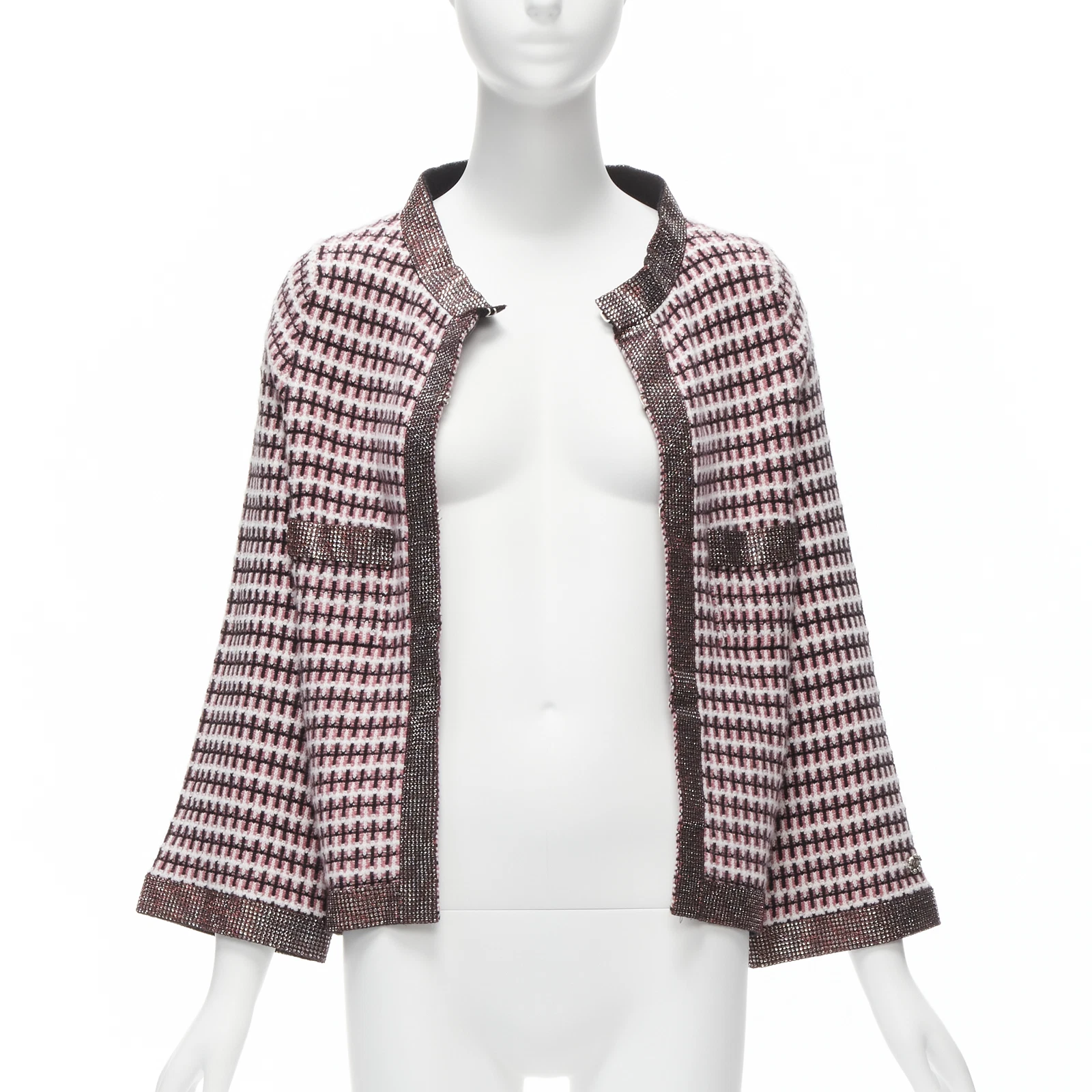Giacca cardigan CHANEL rosa 100% cashmere tweed bordo cristallo swing FR34 XS