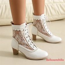 Women's Victorian Lace Ankle Boots Lace Up Low Block Heel Bridal Shoes