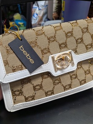 Bebe Pocketbook Handbag, White Trim With Beautiful gold Rhinestones!