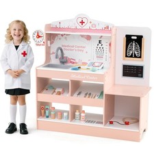 Wooden Doctor Play Set w/ Clock Sink Eye Chart ECG Monitor Exam Area Storage
